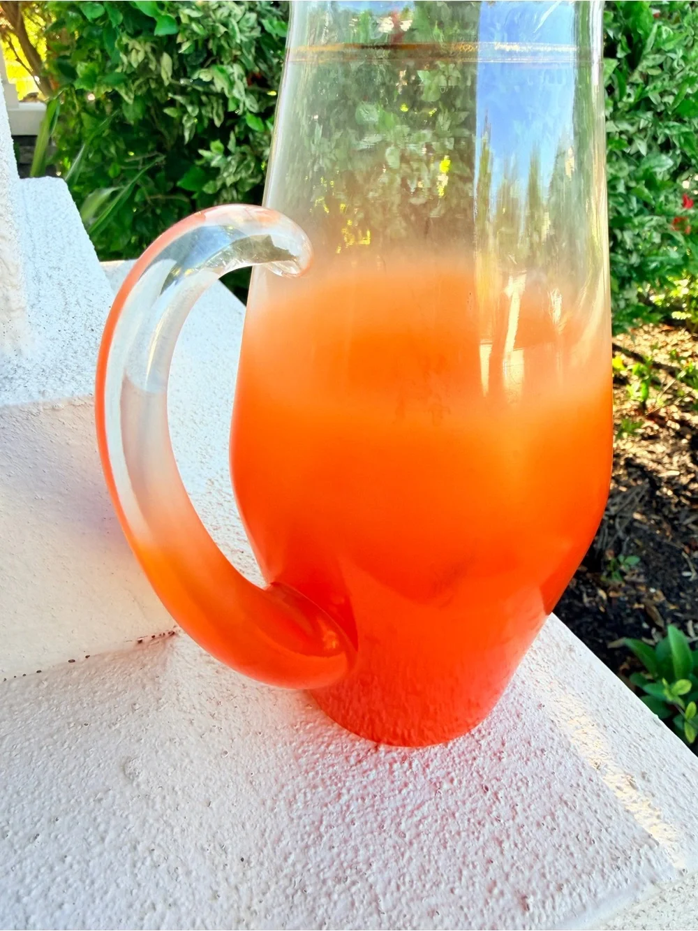 Vintage Orange Ombré Art Glass Pitcher Clear Applied Handle Wavy Rim